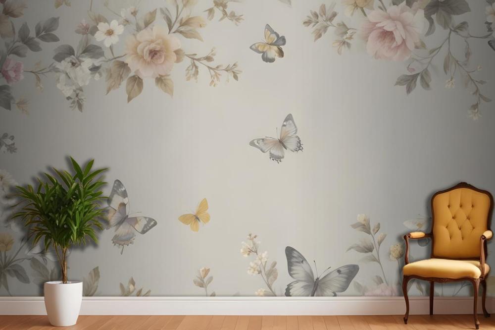 Floral Wallpaper Pattern With Delicate Butterflies Mural
