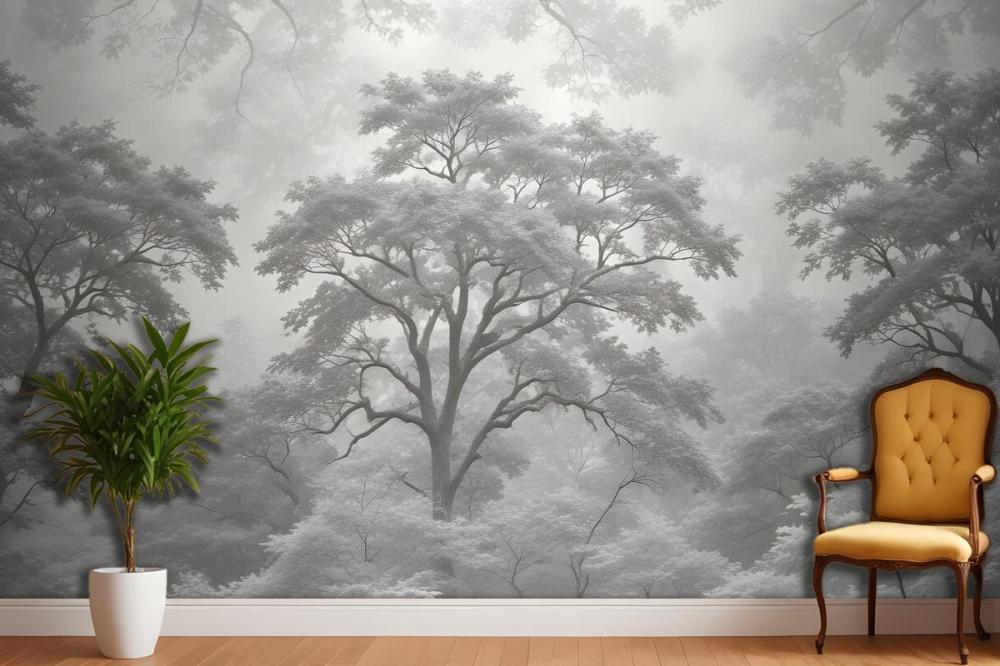 Gray Forest Illustration Etching Wallpaper Mural