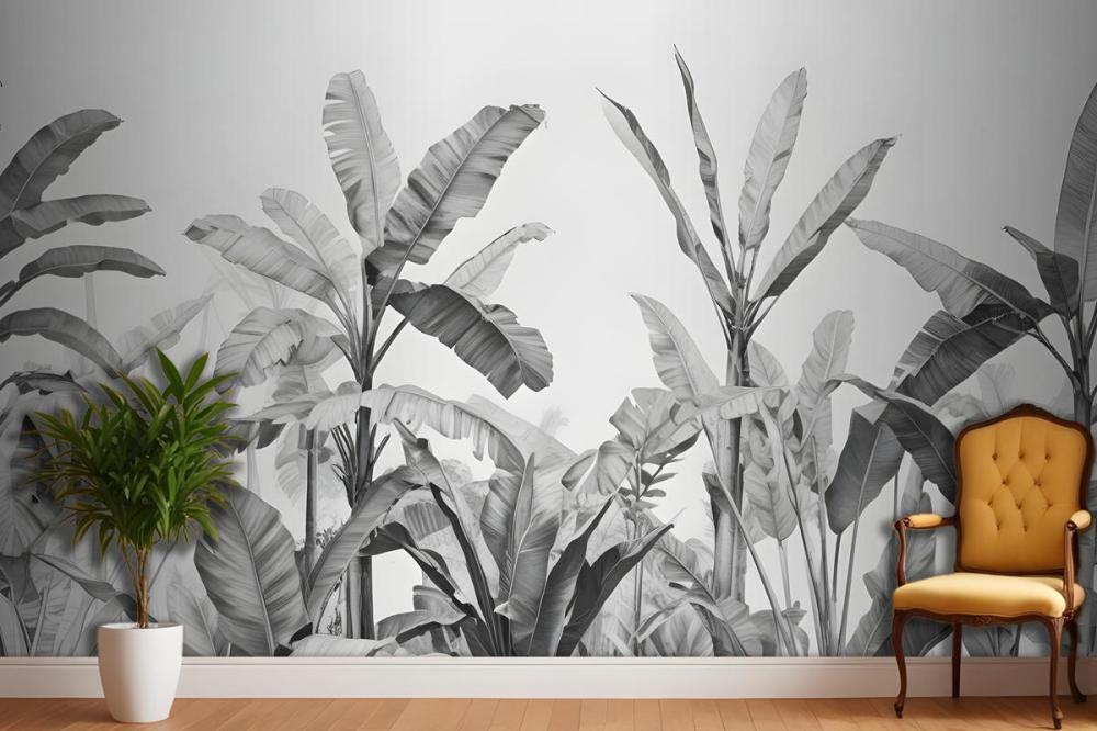 Grayscale Vintage Tropical Plants Wallpaper Mural