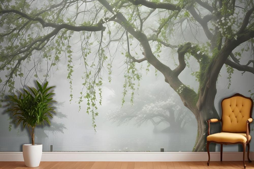 Green White Leaves And Flowers Tree Branches Wallpaper Mural