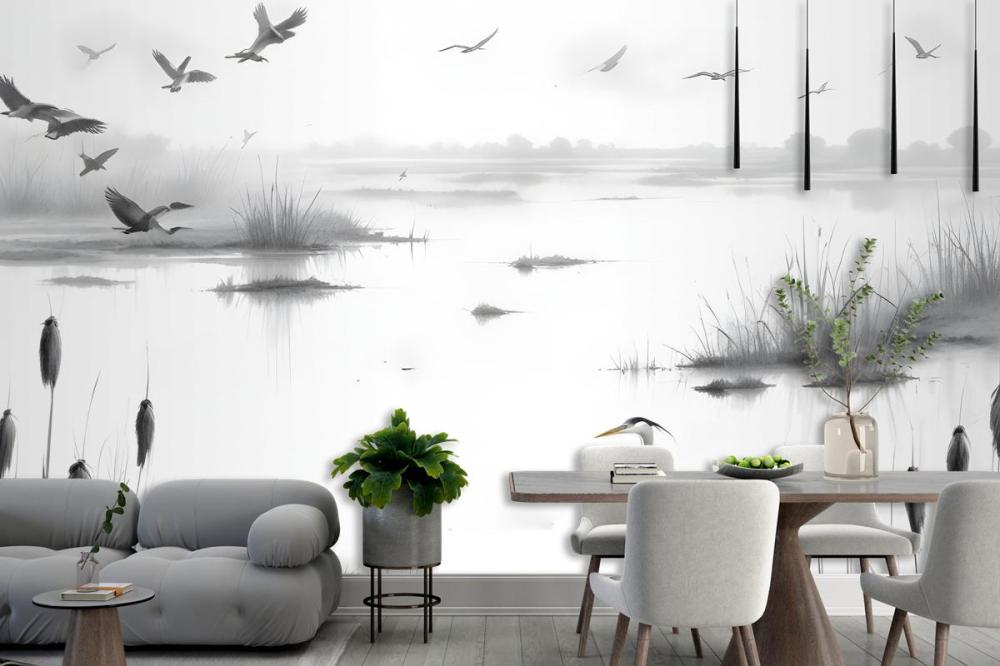 Heron Sketch In Misty Wetlands With Flying Birds Wallpaper Mural