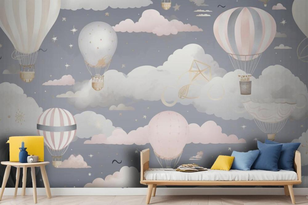 Hot Air Balloons Flying In The Sky With Clouds Wallpaper Mural