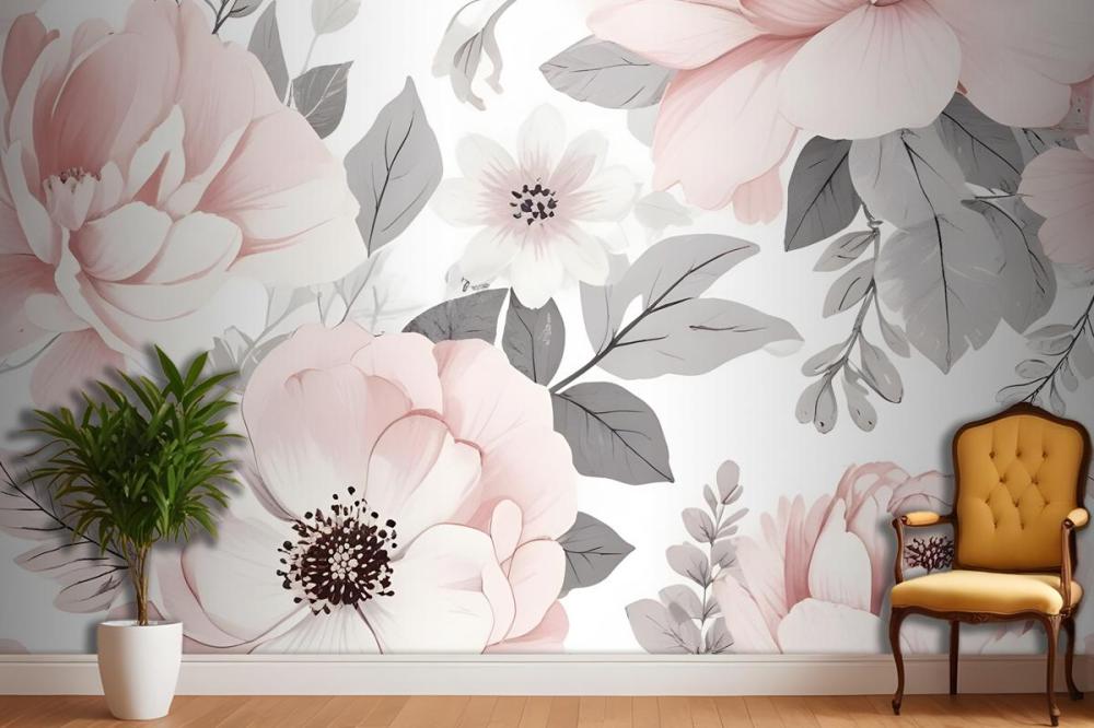 Large Pink And Gray Floral Pattern With Various Wallpaper Mural