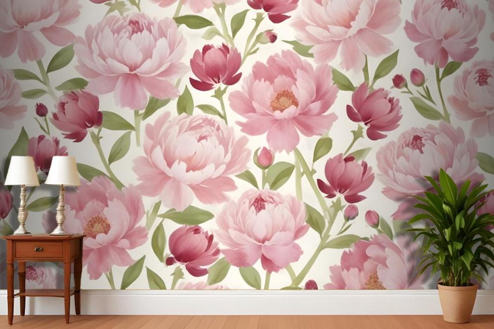 Large Pink Peony Flowers With Green Leaves On A Light Wallpaper Mural