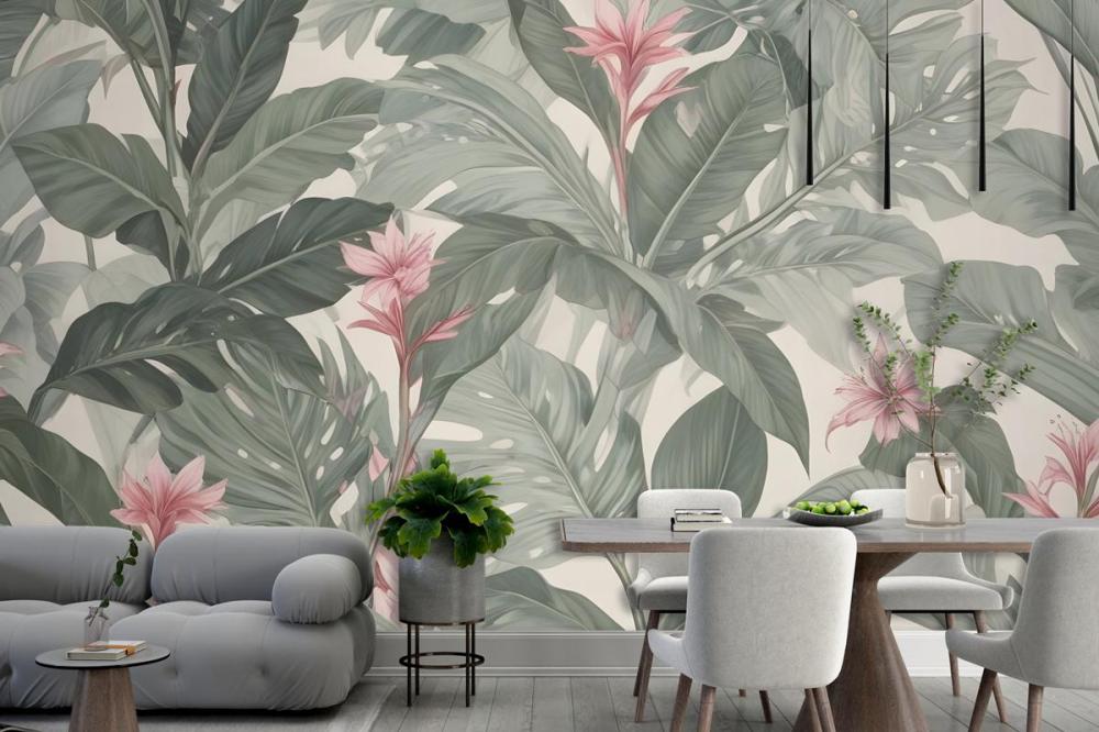 Light Background Large Green Leaves Pink Flowers Tropical Foliage Pattern Wallpaper Mural
