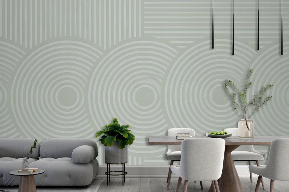 Light Green Background Concentric Circles Vertical Lines Wallpaper Mural