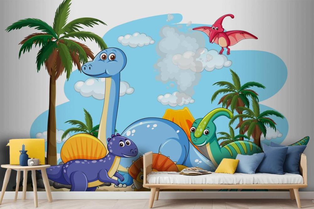 Many Cute Dinosaurs Character In Prehistoric Land Isolated Wallpaper Mural