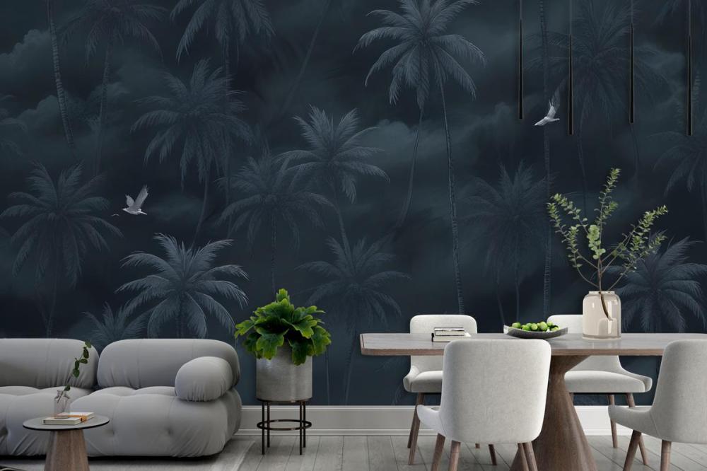 Moody Stormy Sky Dark Tropical Palm Trees Silhouettes Birds Wallpaper Mural