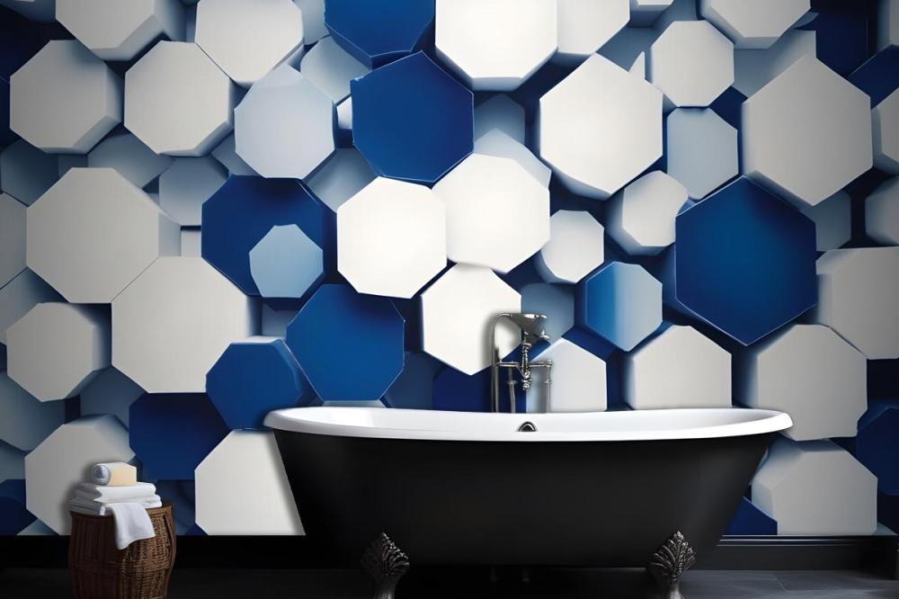 Overlapping Hexagon In Shades Of Blue And White Wallpaper Mural