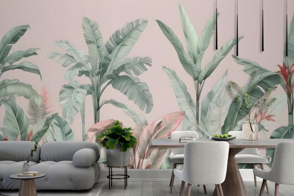 Pastel Pink & Green Vintage Tropical Wallpaper Mural