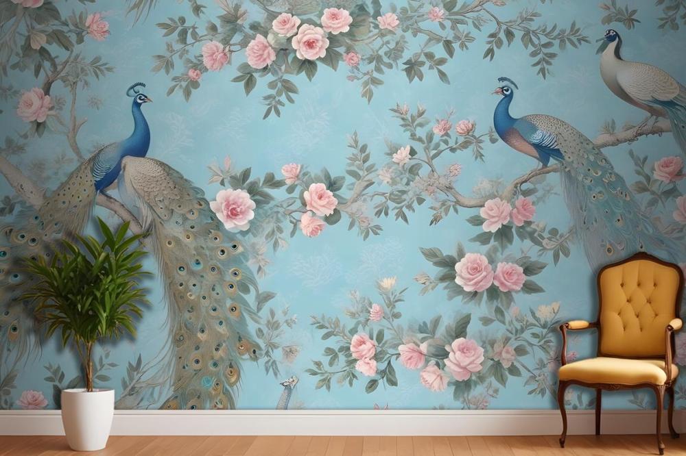 Peacock With Peony Blossom Wallpaper Mural
