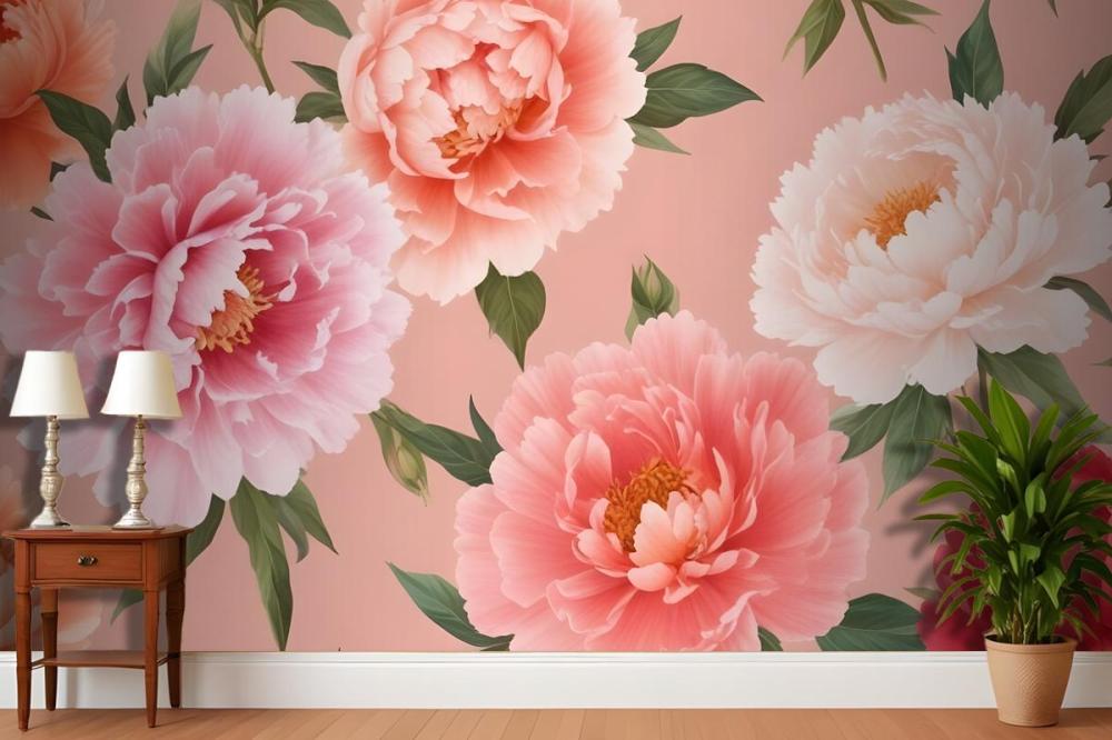 Pink And Peach Peonies With Green Leaves On A Light Pink Wallpaper Mural