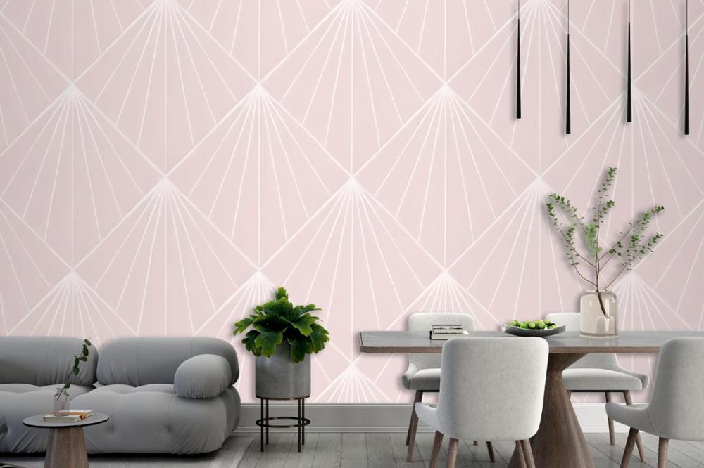 Seamless Geometric Pattern With White Radiating Lines On A Light Pink Wallpaper Mural