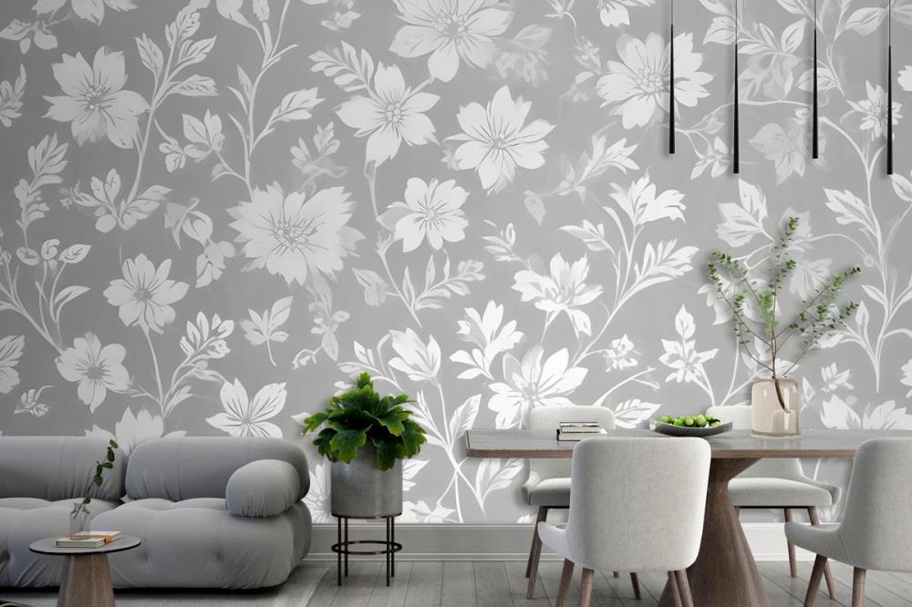 Seamless Pattern Of White Floral Silhouettes On A Light Gray Wallpaper Mural