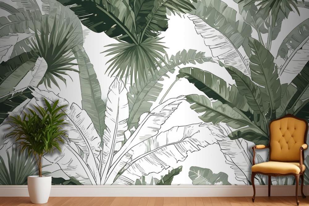 Seamless Pattern With Large Tropical Leaf Bedroom Wallpaper Mural