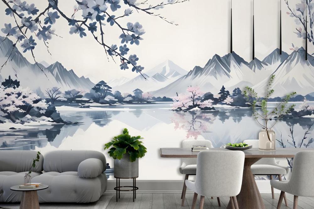 Serene Landscape With Snowcapped Mountains Reflected In A Calm Lake Wallpaper Mural