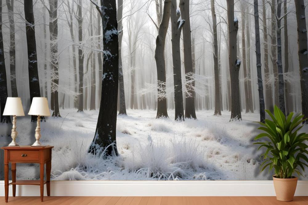 Snowy Forest With Tall Bare Trees And A Layer Of Frost Covering The Ground Wallpaper Mural