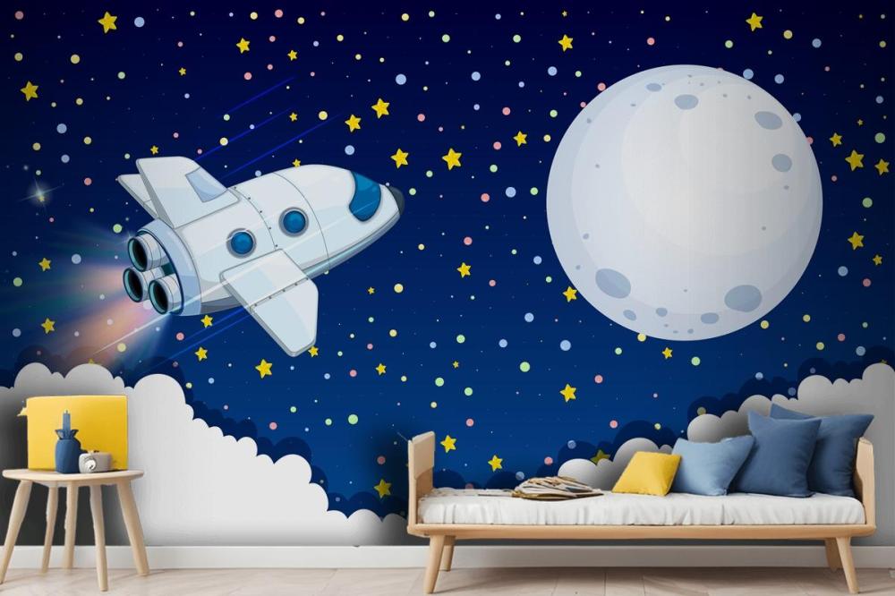 Spaceship Flying To The Moon Wallpaper Mural
