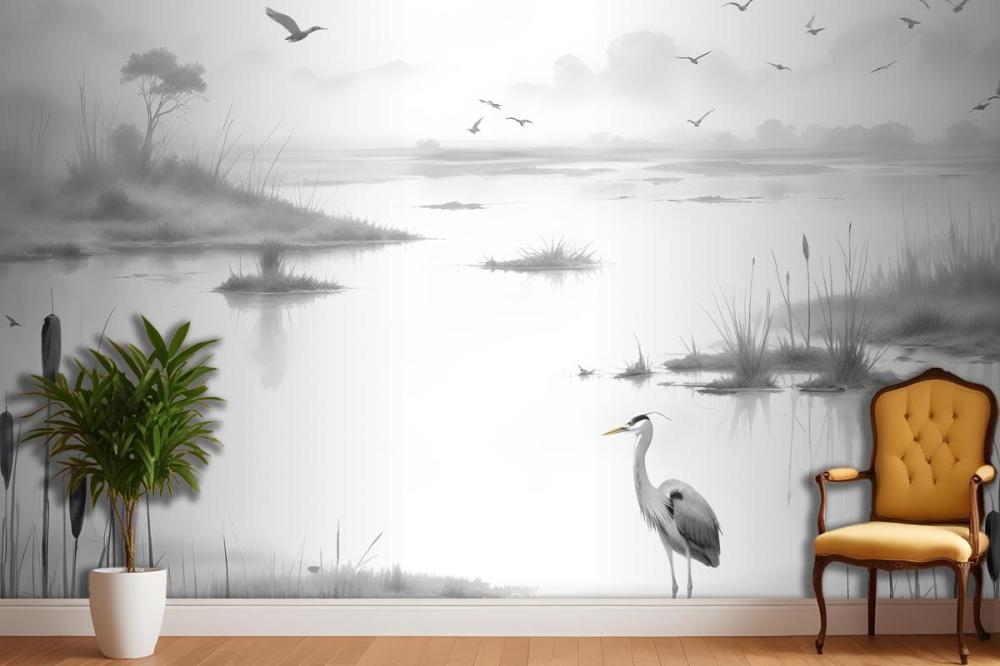 Traditional Chinese Black & White Ink Lake Wallpaper Mural