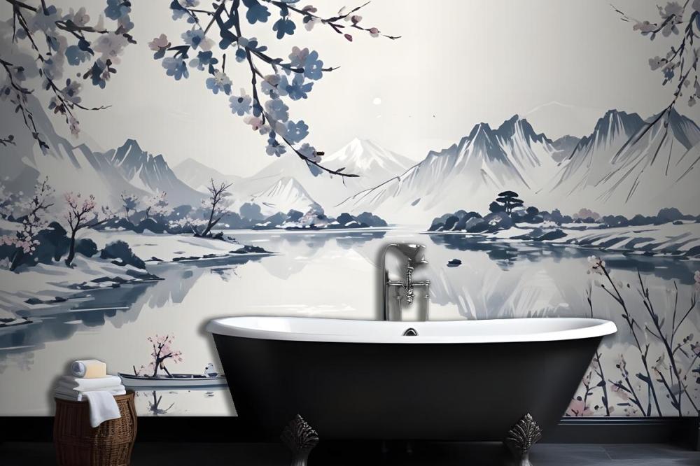 Traditional Chinese Willow & Mountain Ink Wallpaper Mural