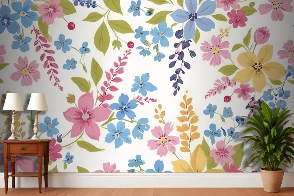 Various Flowers In Shades Of Pink Blue Yellow And Green Wallpaper Mural