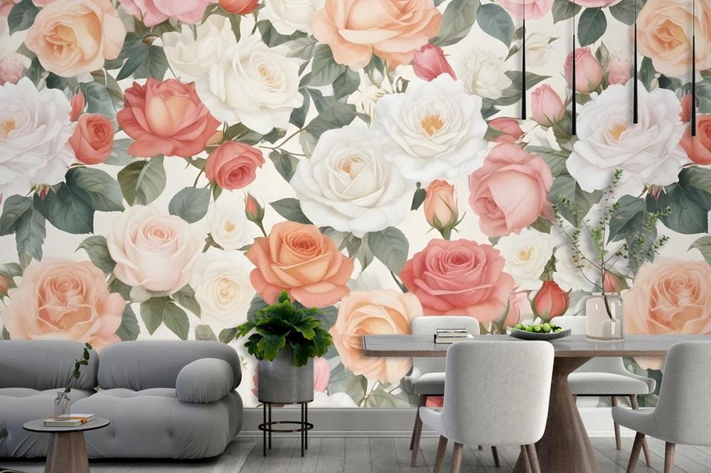 Vibrant Floral Pattern Featuring Various Types Of Pink, White, And Peach Roses Wallpaper Mural