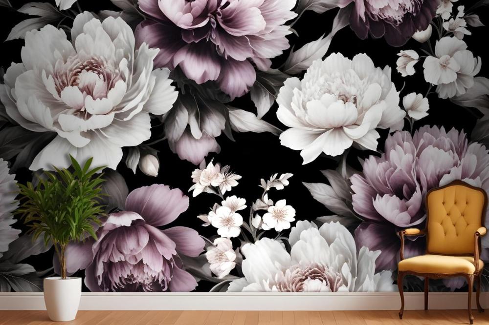 Vintage Dark Large Peony Flower  Bedroom Wallpaper Mural