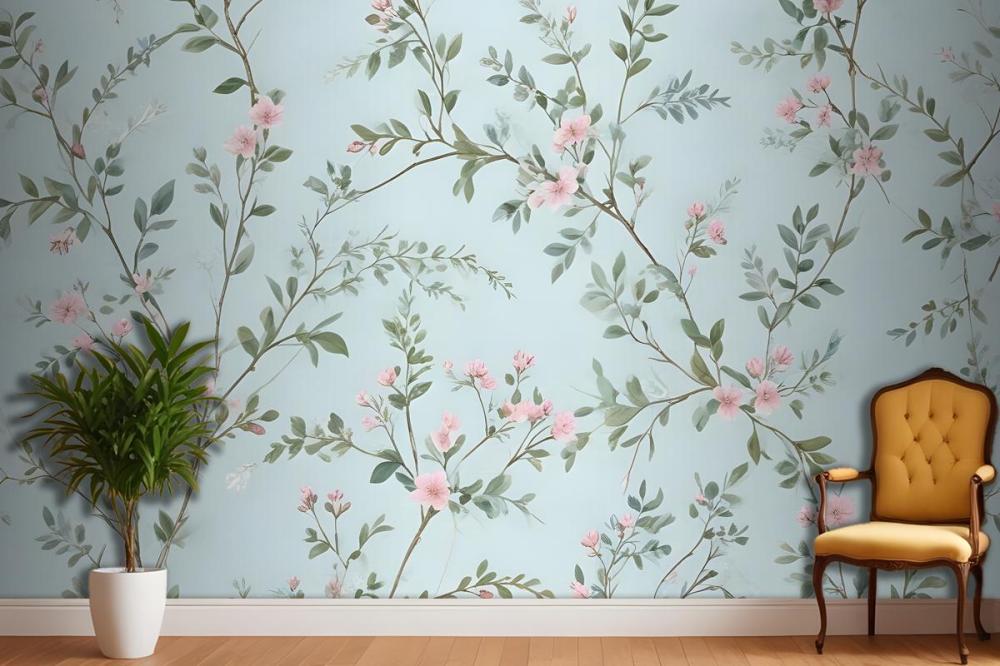 Watercolor Chinoiserie Floral Peony Blossom Wallpaper Mural