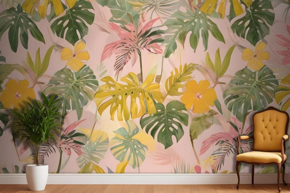 Watercolor Colorful Summer Tropical Leaf Wallpaper Mural
