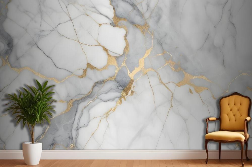 White And Gray Marble Texture With Golden Veins Wallpaper Mural