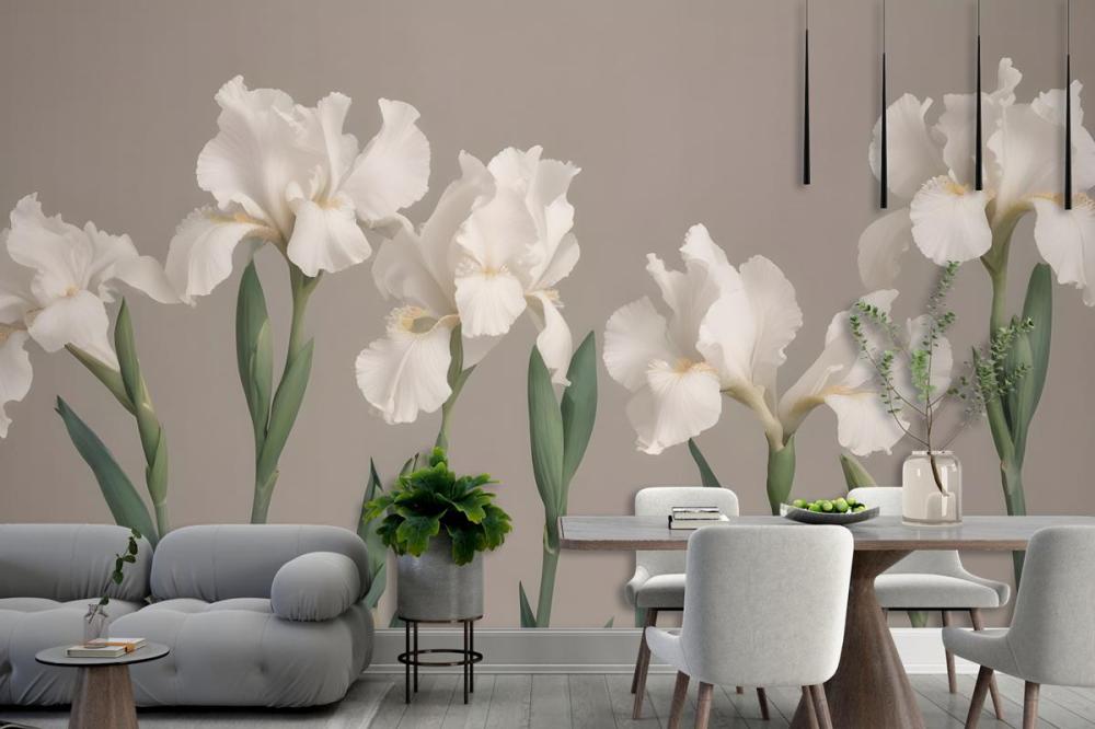 White Iris Flowers With Green Stems Against A Neutral Wallpaper Mural