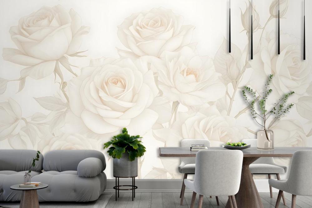 Yellow Large Illustrated Roses Wallpaper Mural