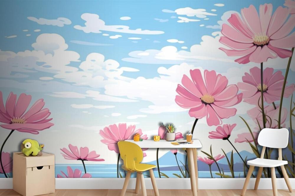A Painting Of Pink Flowers In The Sky With The Words Daisies Wallpaper Mural