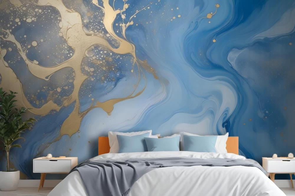Abstract Blue And Gold Fluid Art Painting Bedroom Wallpaper Mural