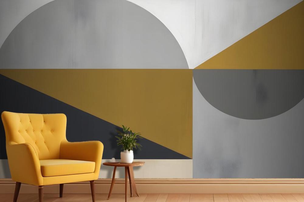 Abstract Geometric Shapes In Shades Of Gray Yellow And Black Wallpaper Mural