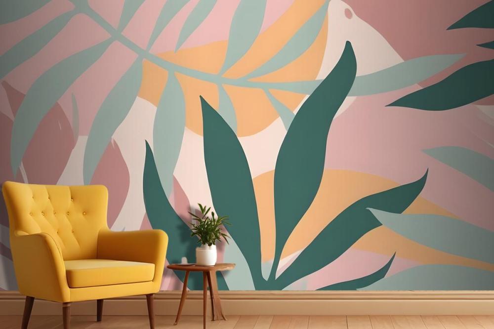 Abstract Tropical Leaves And Shapes In Pastel Colors On A Pink Wallpaper Mural