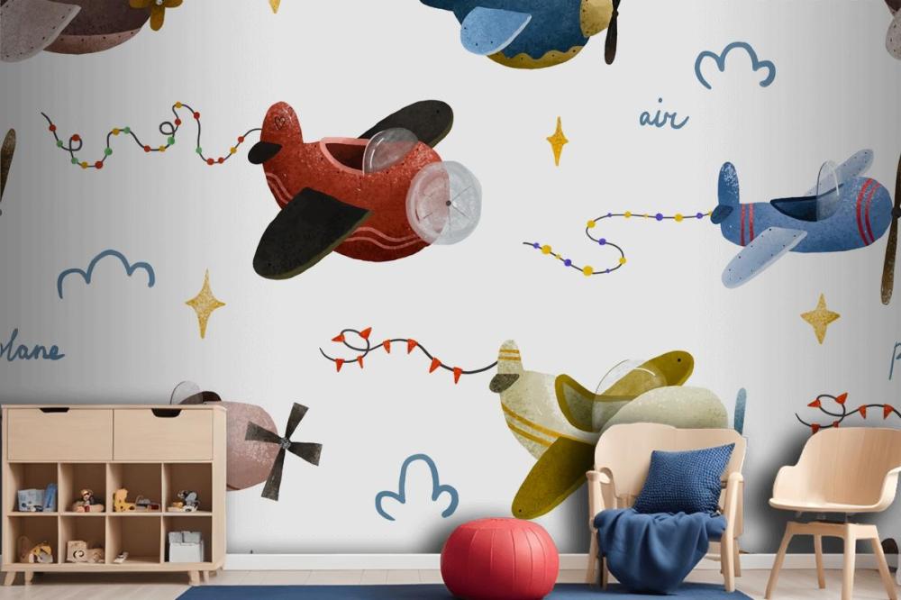 Aircraft And Clouds In Scandinavian Style Boy Wallpaper Mural