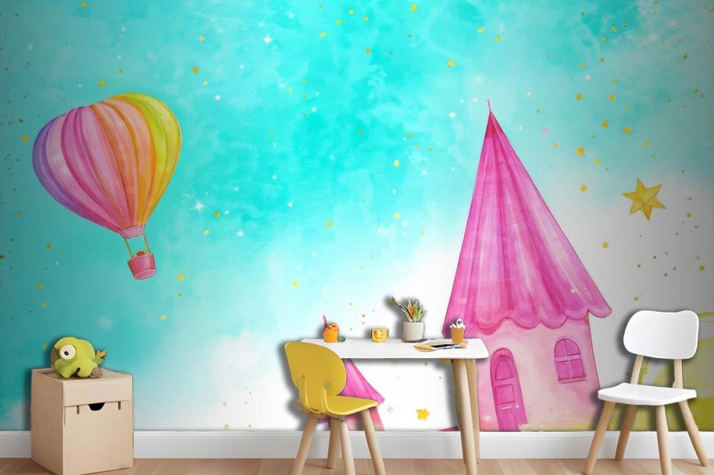 Balloon With A Flying Fairytale Watercolor Wallpaper Mural