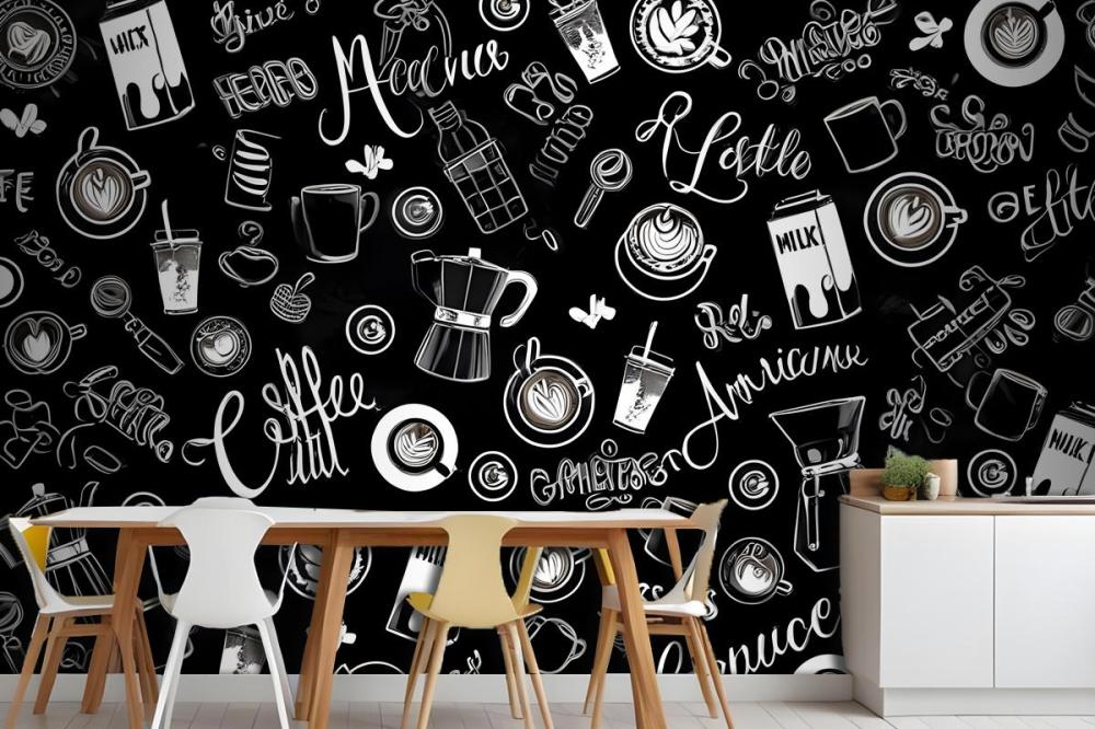 Black & White Coffee Cup Pattern Wallpaper Mural