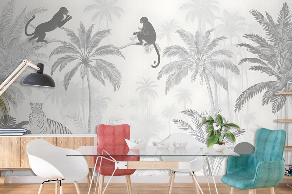 Black And White Jungle Palm Trees Flowers Animal Silhouettes Wallpaper Mural