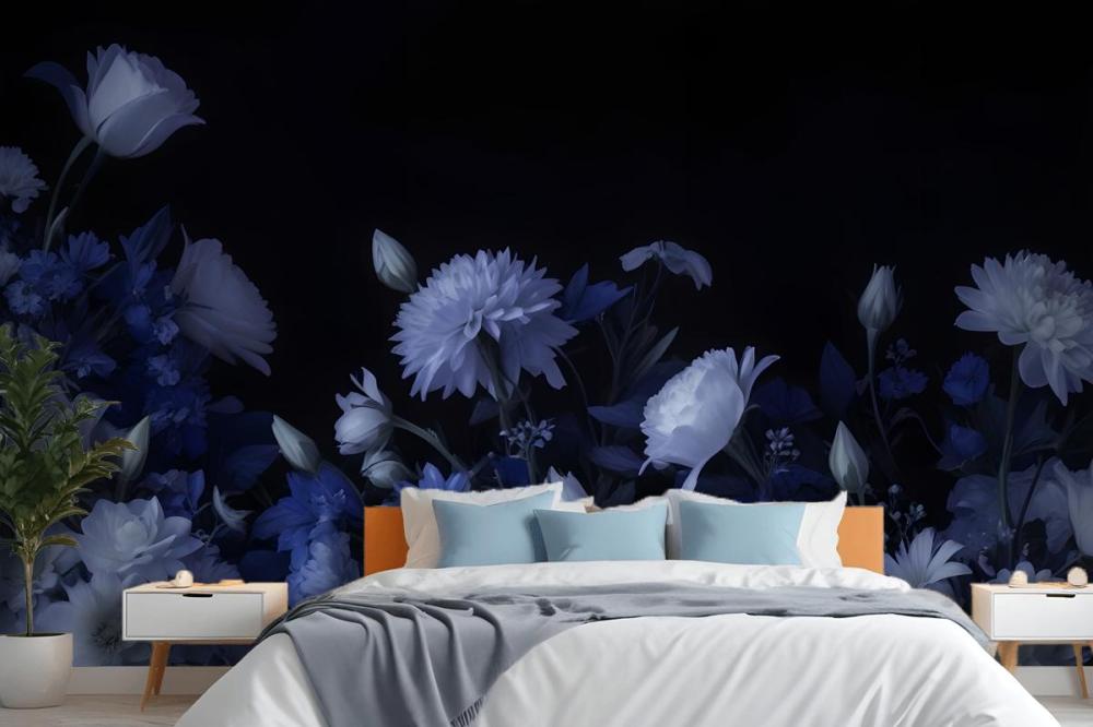 Blue Delft Dark Floral Art Painting Wallpaper Mural