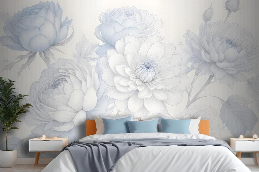 Blue Large Illustrated Roses Wallpaper Mural