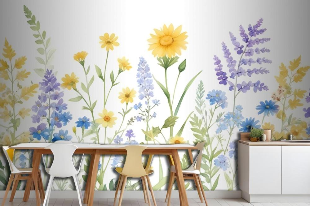 Bright Lilac & Green Watercolor Wildflower Wallpaper Mural