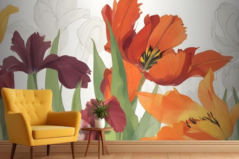 Closeup Orange And Red Tulips With Green Leaves Against A Light Wallpaper Mural