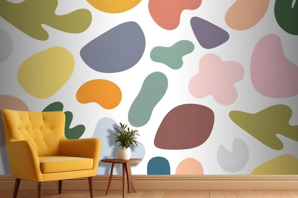 Colorful Abstract Shapes In Various Pastel Tones Including Circles Arranged In A Random Pattern On A White Wallpaper Mural