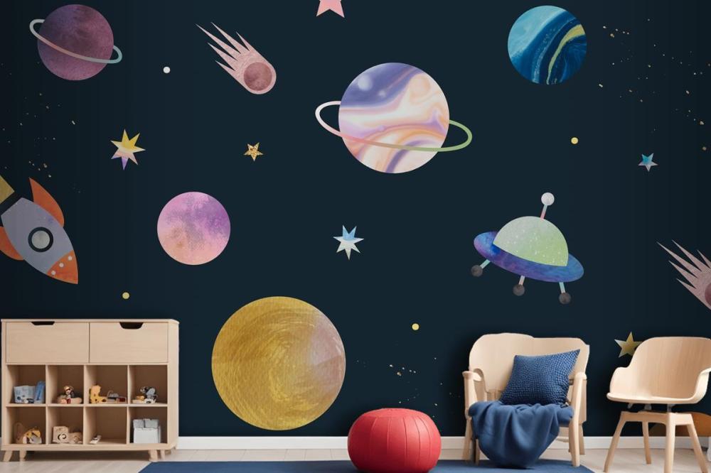 Colorful Galaxy Watercolor Doodle On Black Wallpaper Mural