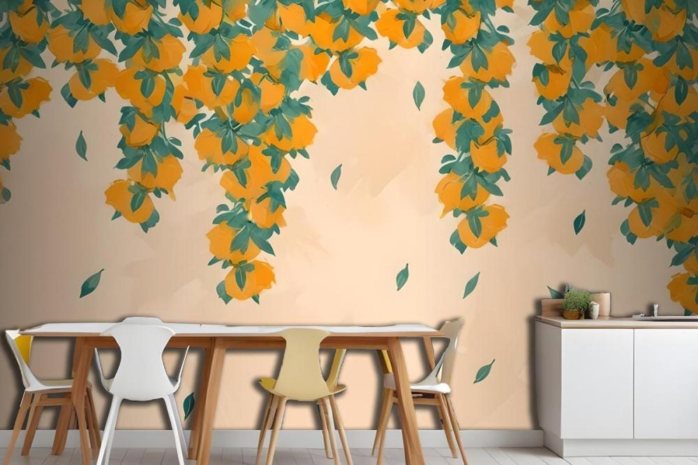 Cream & Orange Fruit Painterly Wallpaper Mural