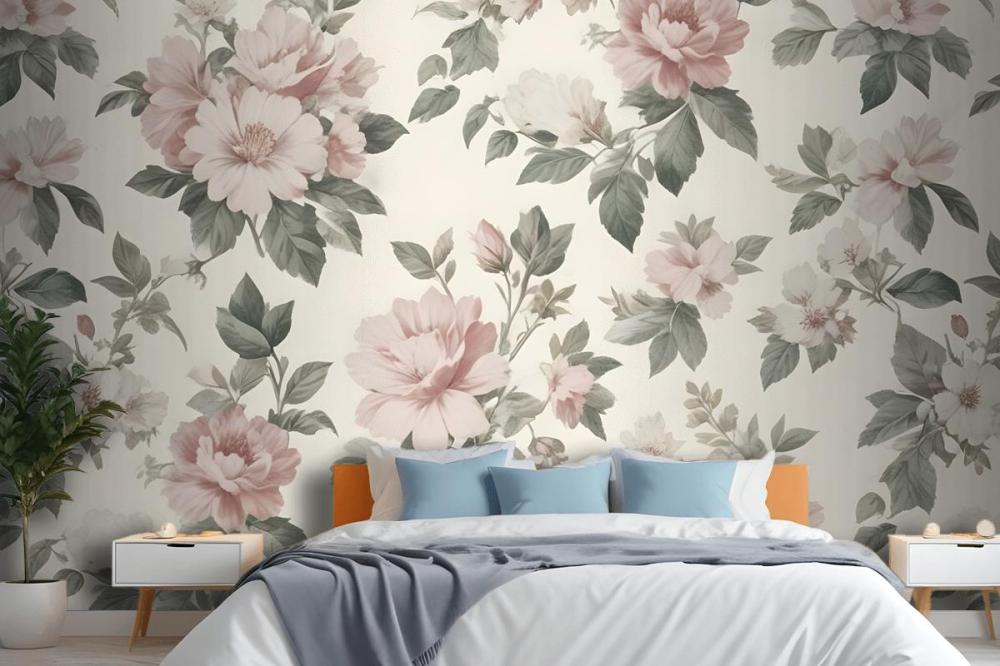 Cream & Pink Rose Vintage Floral Wallpaper Mural