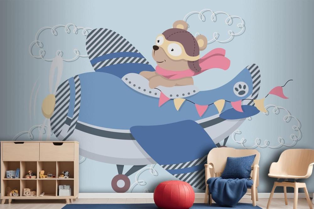 Cute Cartoon Teddy Bear In Aviator Glasses A Leather Helmet And Scarf Flying In Vintage Airplane Wallpaper Mural