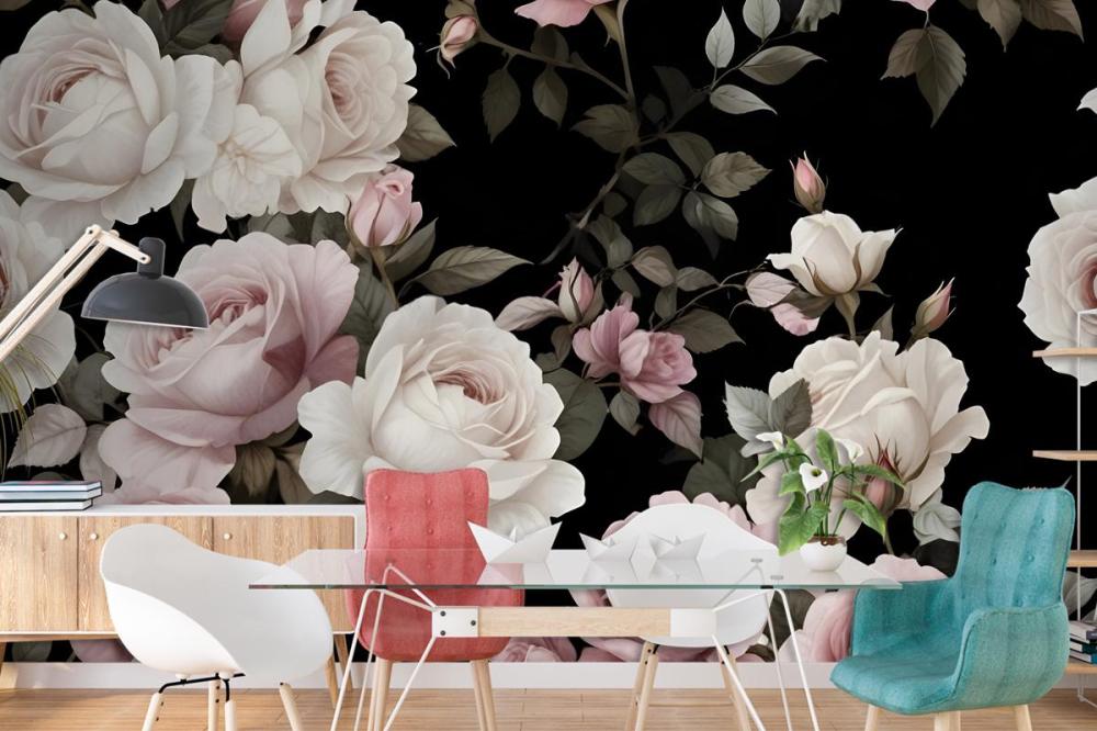 Dark Background Large Pink White Roses Green Leaves Wallpaper Mural